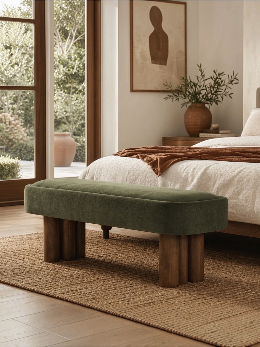 NEW West Elm Green Upholstered Fabric Storage Ottoman Mid-century Modern Bench